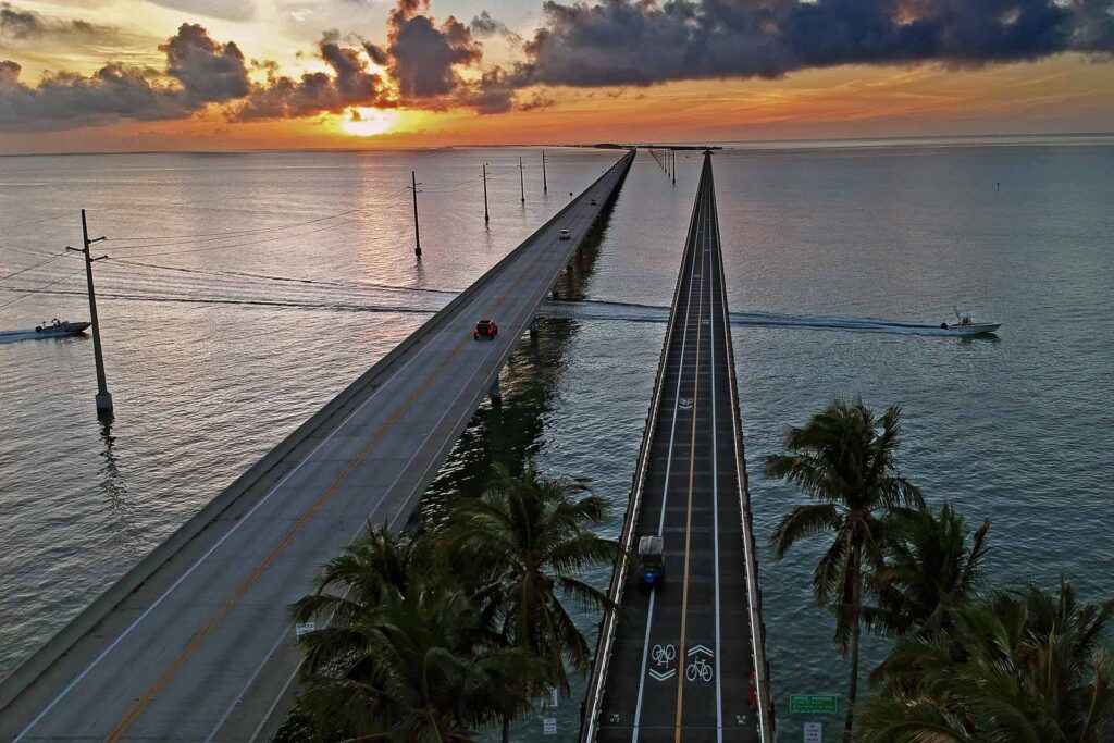 View of the Seven Mile Bridge in the Florida Keys at sunset