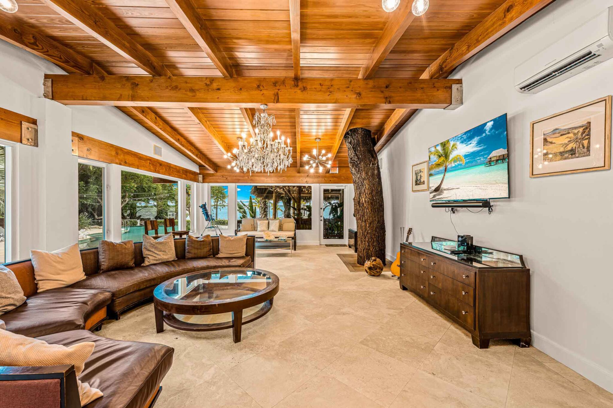 Luxurious waterfront grand lodge living space at Largo Resort Key Largo – tropical Florida Keys ballroom venue with ocean views.