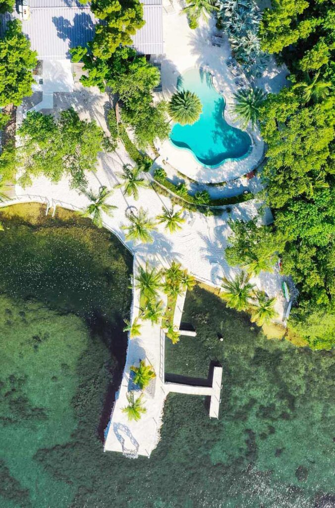 aerial of largo resort private beach and infinity pool in key largo florida on tarpon basin