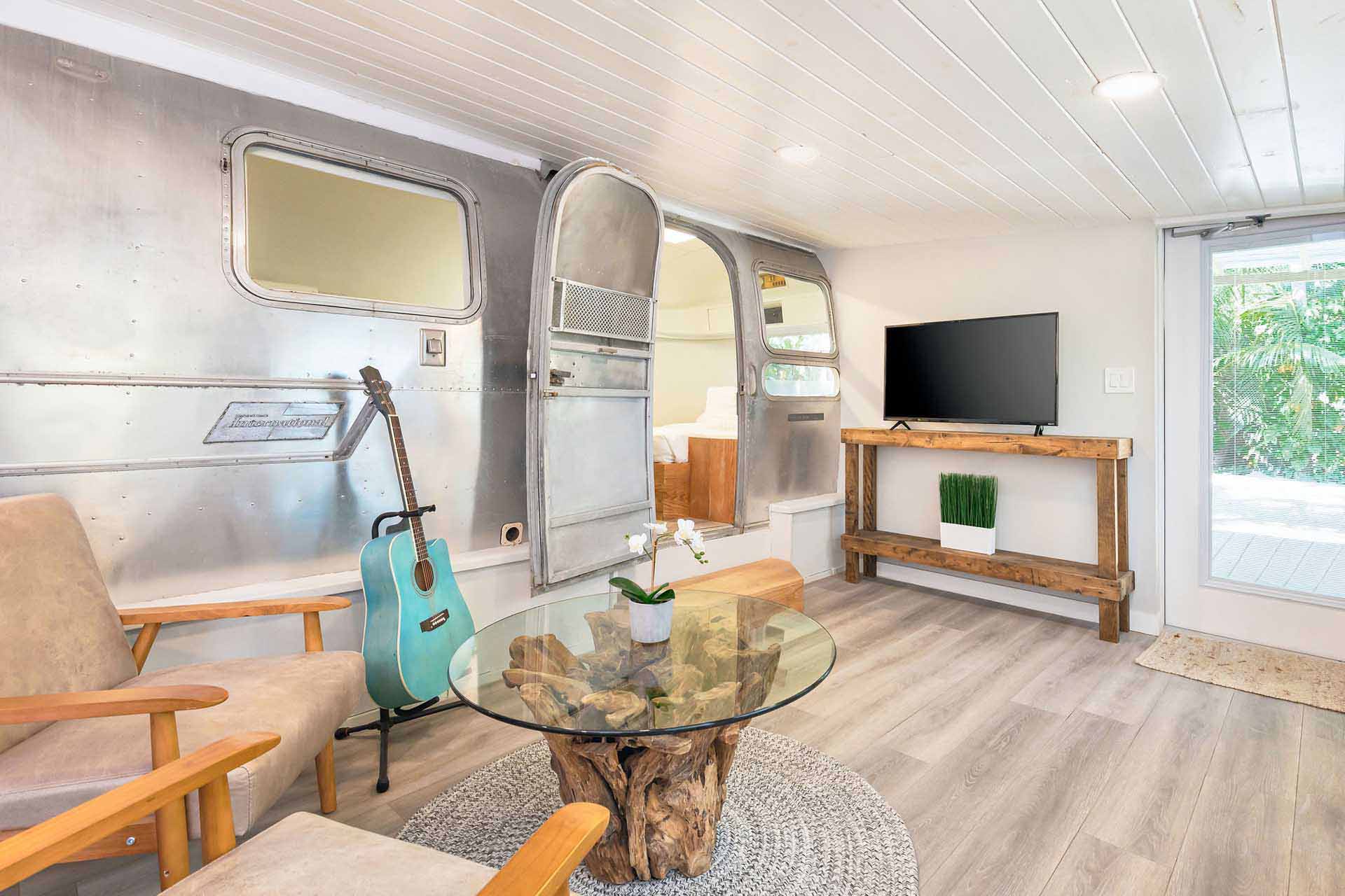 Largo Resort Airstream - living room with unique Airstream feature wall