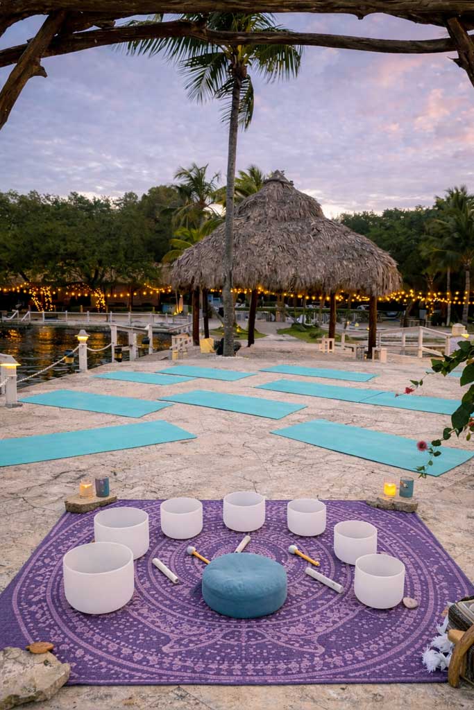 Tiffany blue yoga mats and purple meditation rug set on a waterfront terrace at Largo Resort in Key Largo Florida during sunset wellness retreat.