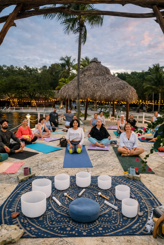 Sunset yoga and sound healing experience at a waterfront resort in the Florida Keys
