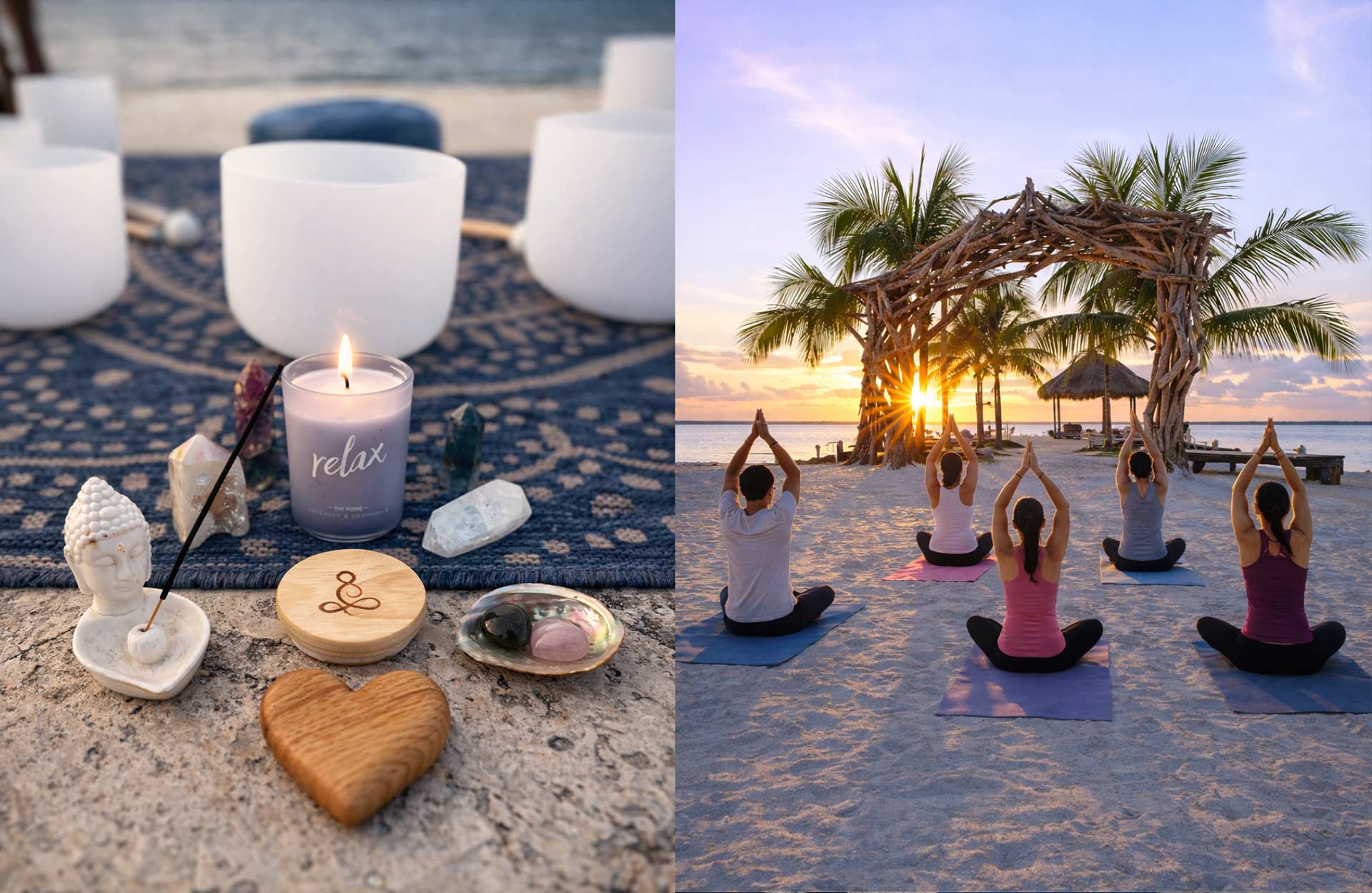 Crystal singing bowls, candle, and meditation objects with ocean backdrop in the Florida Keys