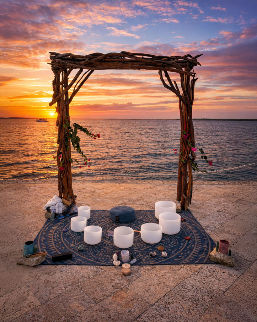Driftwood meditation arch with crystal singing bowls at sunset on the waterfront in Key Largo, Florida Keys