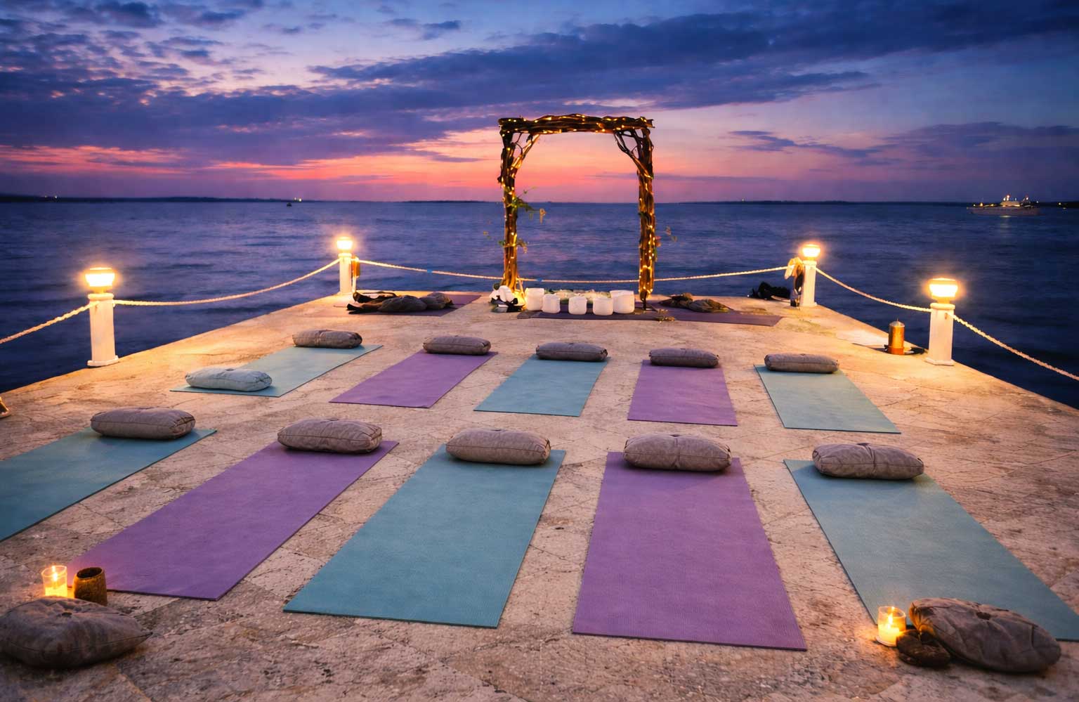 Waterfront yoga retreat setup at Largo Resort in Key Largo Florida Keys with neatly arranged mats overlooking the ocean at sunset.