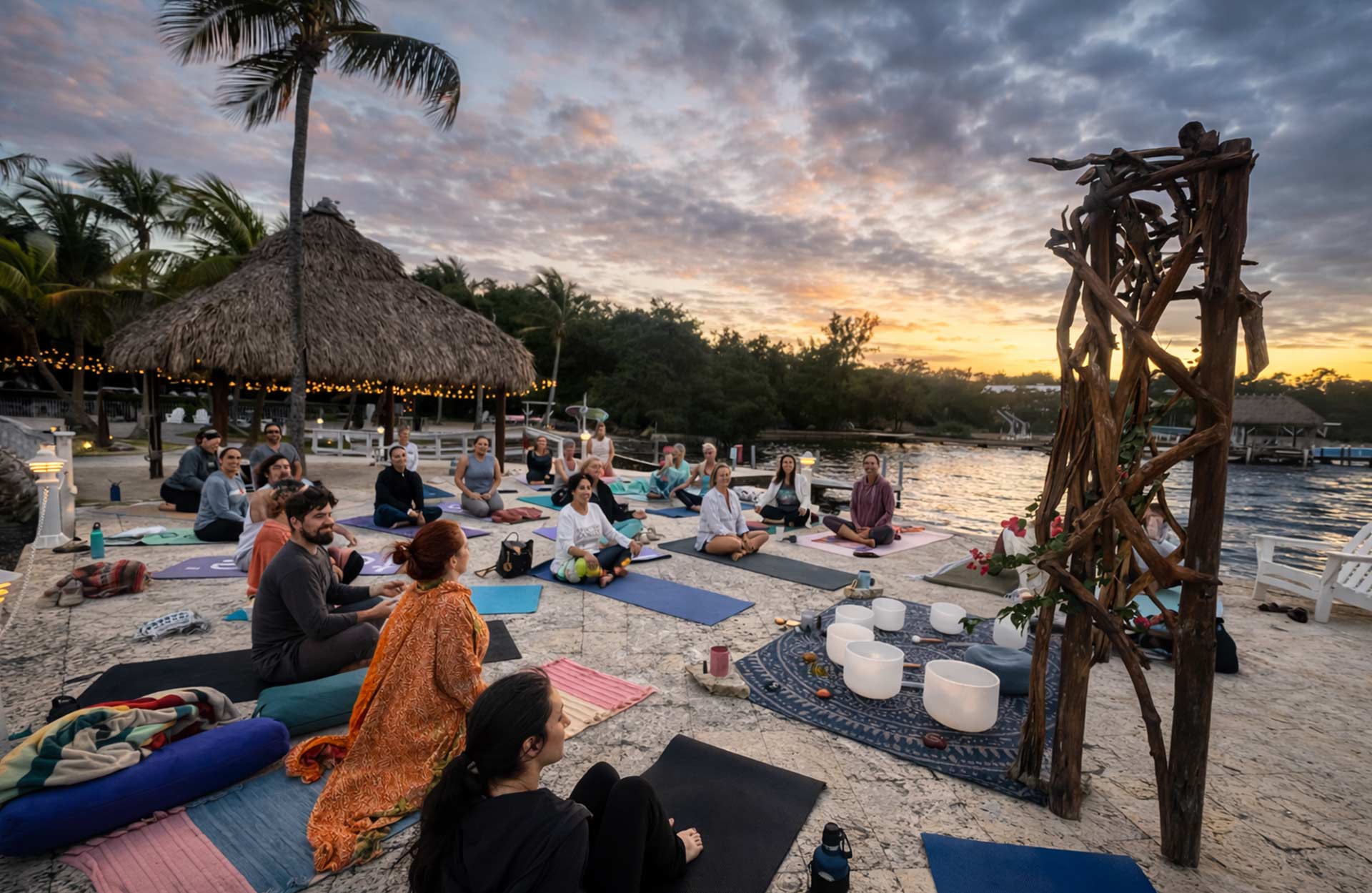 Sunset waterfront yoga and sound healing session with group seated on mats beside palm trees and tiki hut at a tropical resort